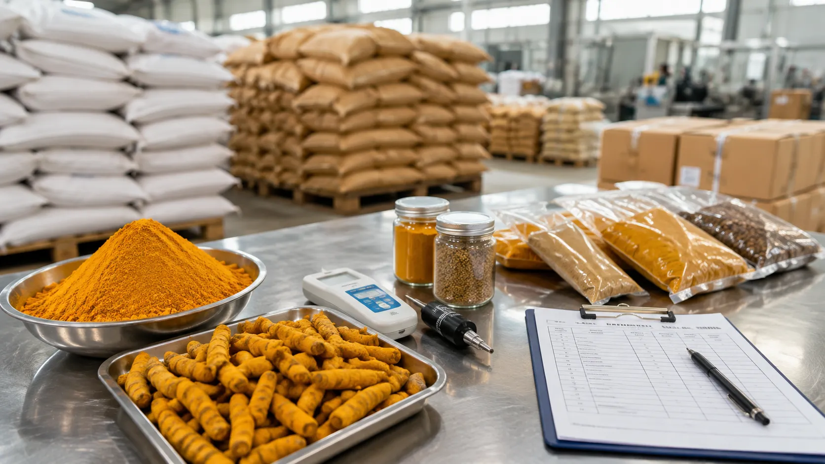 Quality inspection of premium turmeric powder for export from India.